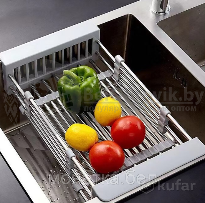 фото органайзер для кухни универсальный (дуршлаг сушилка) extendable dish drying, металл, пластик светло- 2