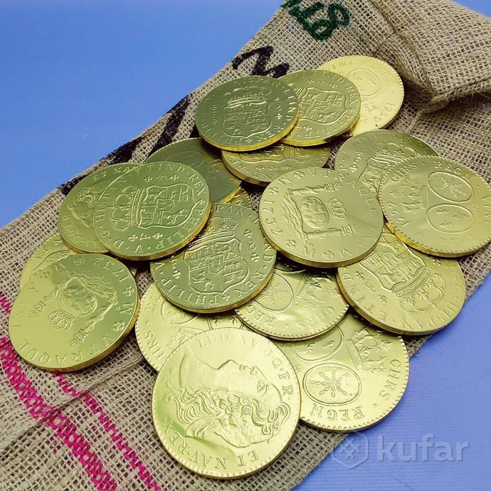 фото золотые шоколадные монеты ''добыча пиратов'' 5 штук / набор шоколадных монет 125 гр. 1