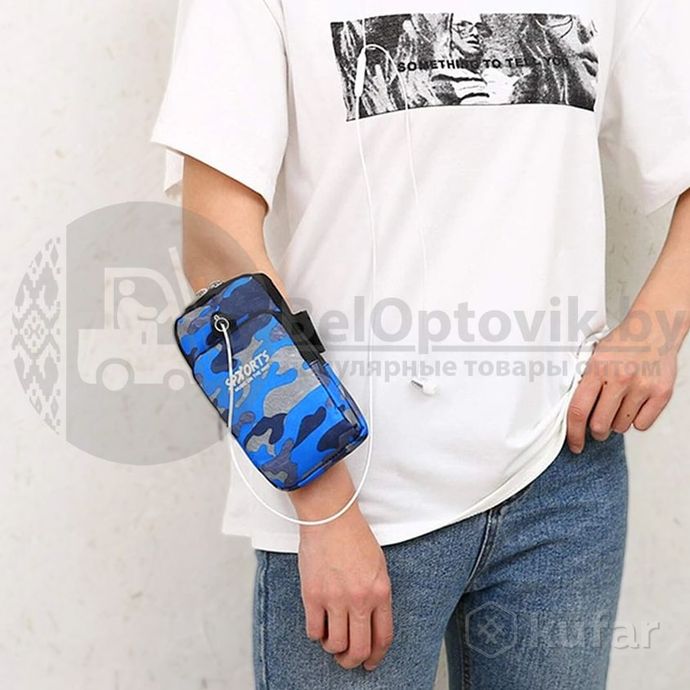 фото спортивная сумка чехол sports music для телефона на руку, камуфляжный принт серо-синий 6