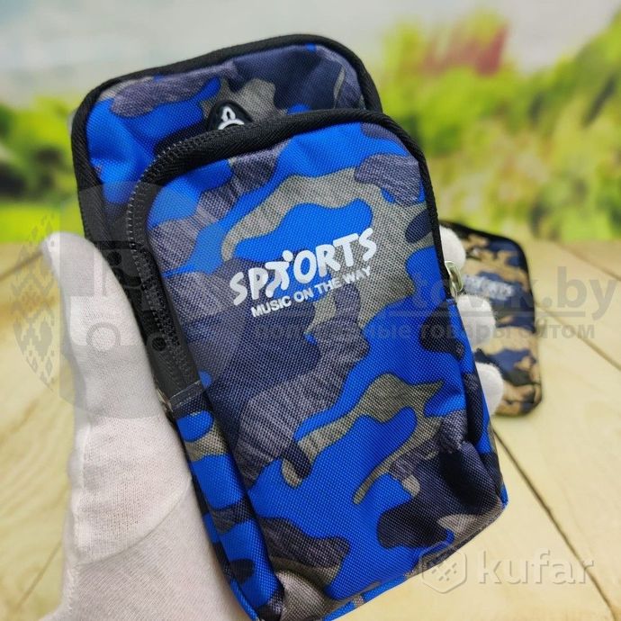 фото спортивная сумка чехол sports music для телефона на руку, камуфляжный принт серо-синий 9