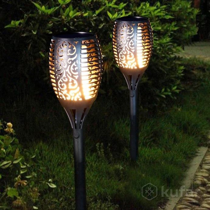 фото уличный светильник 79см с солнечной панелью и эффектом пламени фонарик садовый факел xf 6006 9