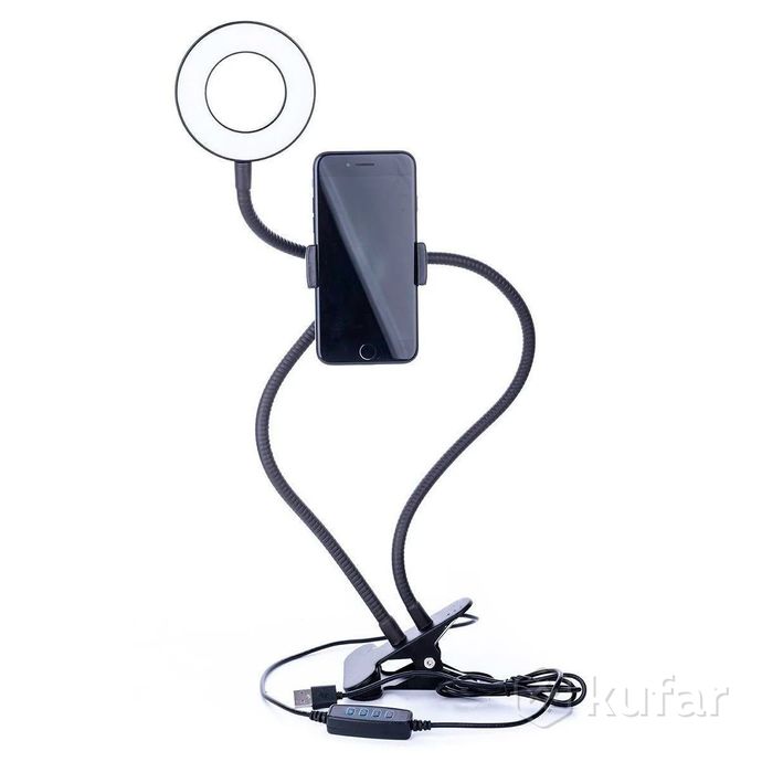 фото кольцевая лампа для селфи с гибким держателем для телефона на прищепке 3