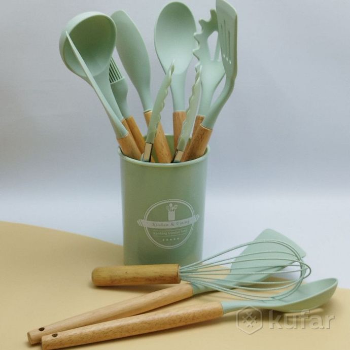 фото набор кухонных принадлежностей с подставкой и деревянной ручкой 12 предметов utensils set / подарочн 1