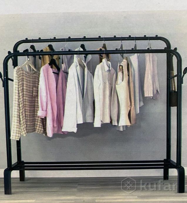 фото стойка-вешалка для одежды напольная металлическая с двумя дугами и полкой для обуви black yp-605 9