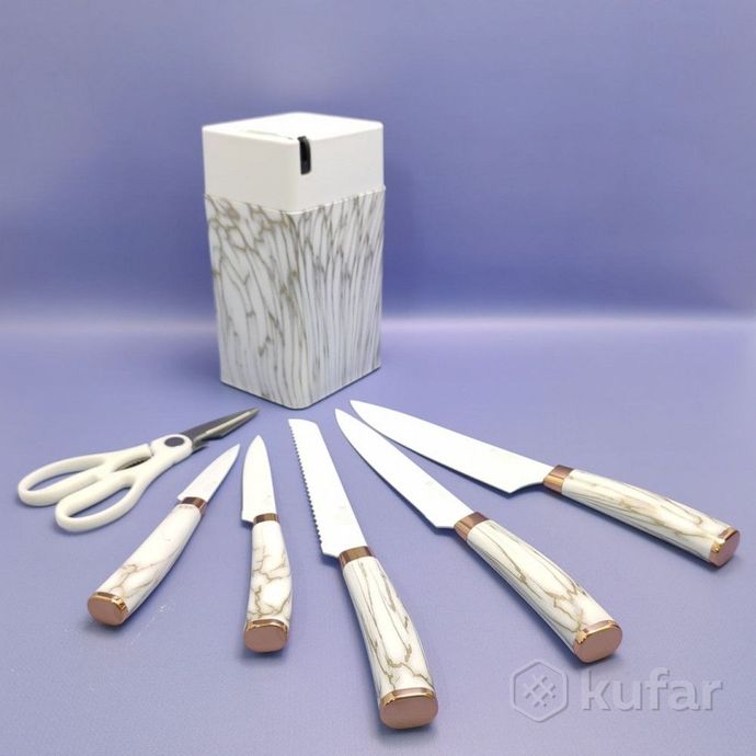 фото набор кухонных ножей из нержавеющей стали 7 предметов alomi на подставке / подарочная упаковка белый 7