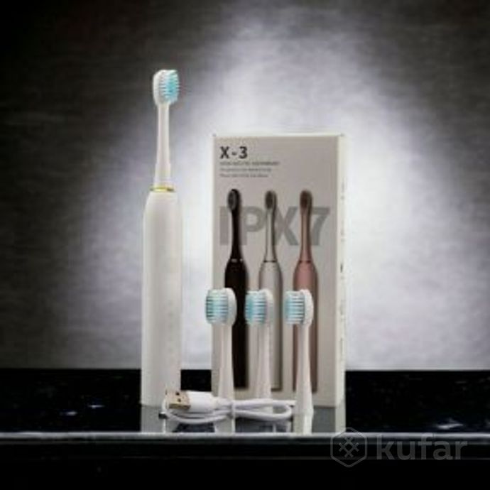 фото электрическая зубная щетка sonic toothbrush x-3 / щетка с 4 насадками белый 0