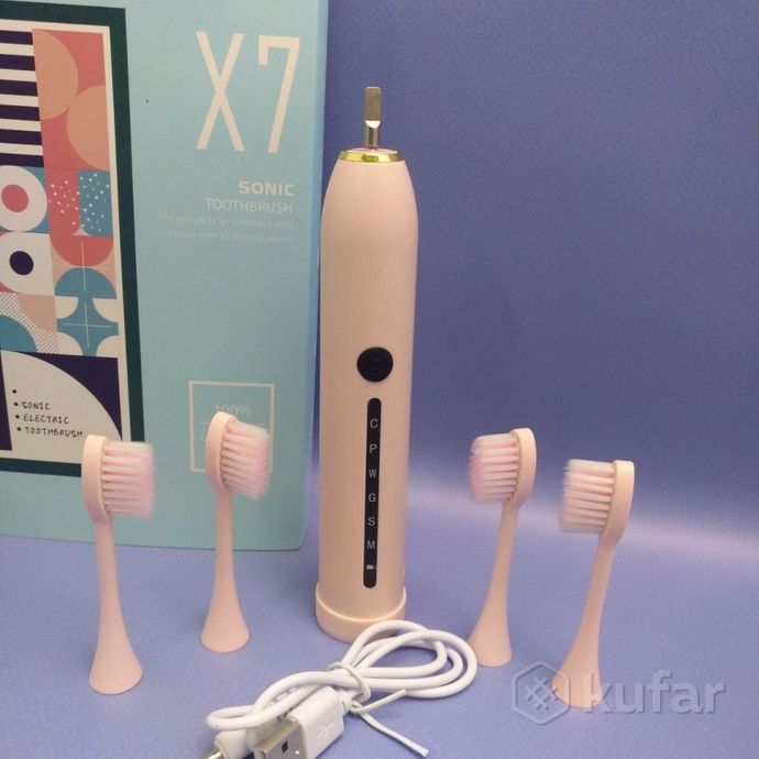 фото электрическая ультразвуковая зубная щетка sonic x7 toothbrush, 4 насадки, 6 режимов розовая 8
