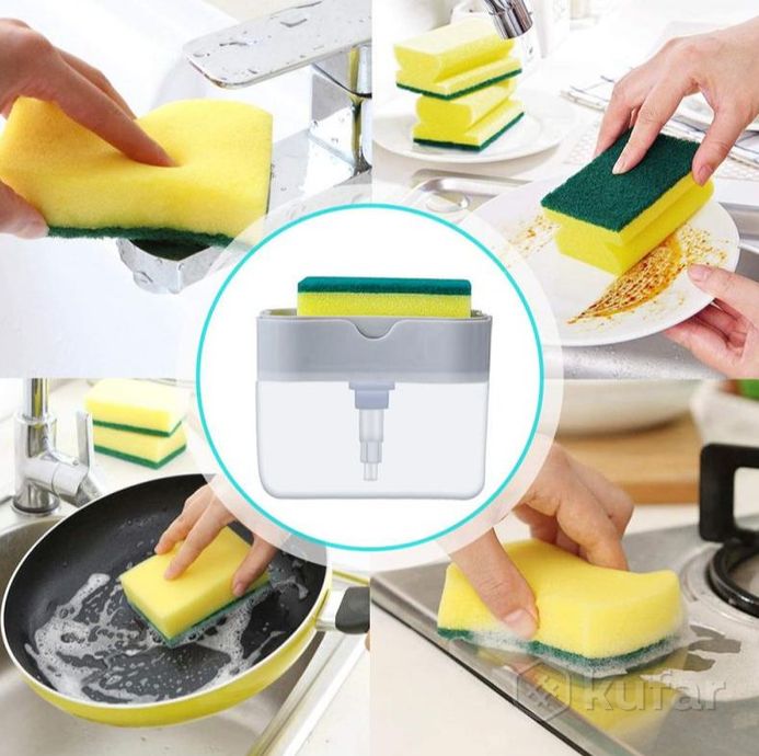фото диспенсер для моющего средства и губки soap dispenser / дозатор на кухню с губкой 2в1 4