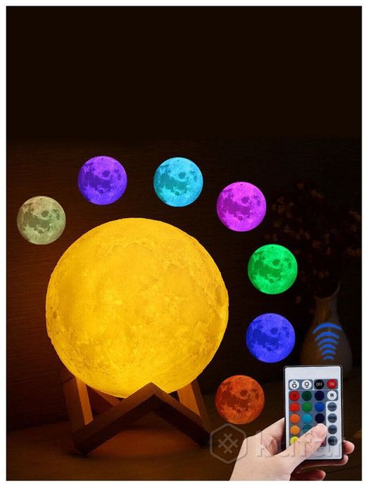 фото светильник ночник 3d луна rgb moon light + пульт  / настольный на деревянной подставке 3