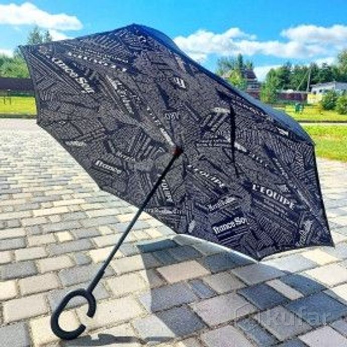фото new зонт наоборот двухсторонний upbrella (антизонт) / умный зонт обратного сложения черная газета 0