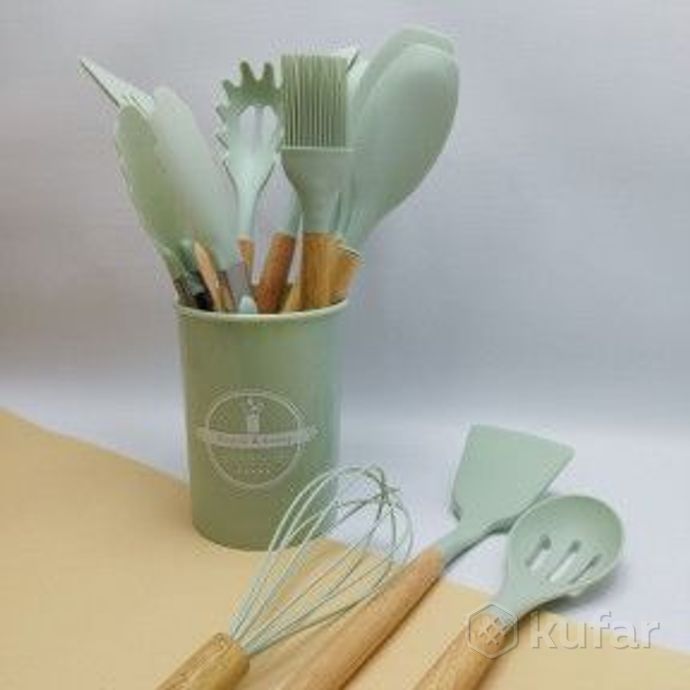 фото набор кухонных принадлежностей с подставкой и деревянной ручкой 12 предметов utensils set / подарочн 0