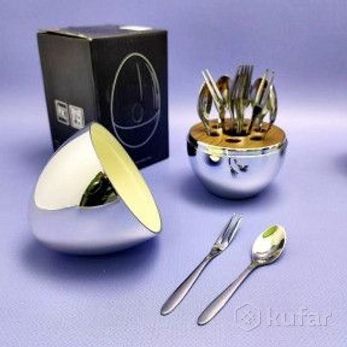 фото набор столовых приборов в яйце - подставке miniegg 12 предметов серебро 0