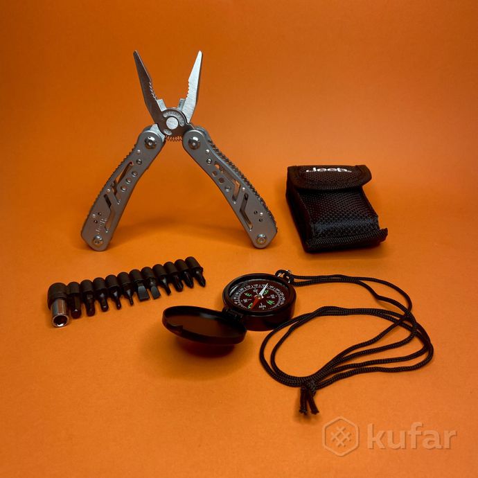 фото набор для выживания мультитул с набором бит + компас jeep staley нож плоскогубцы биты  1