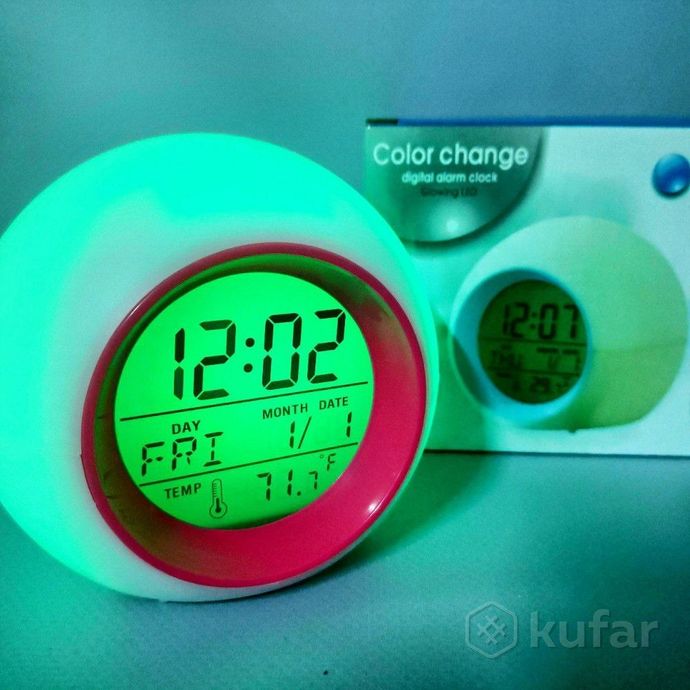 фото часы - будильник с подсветкой color changeglowing led (время, календарь, будильник, термометр) голуб 2