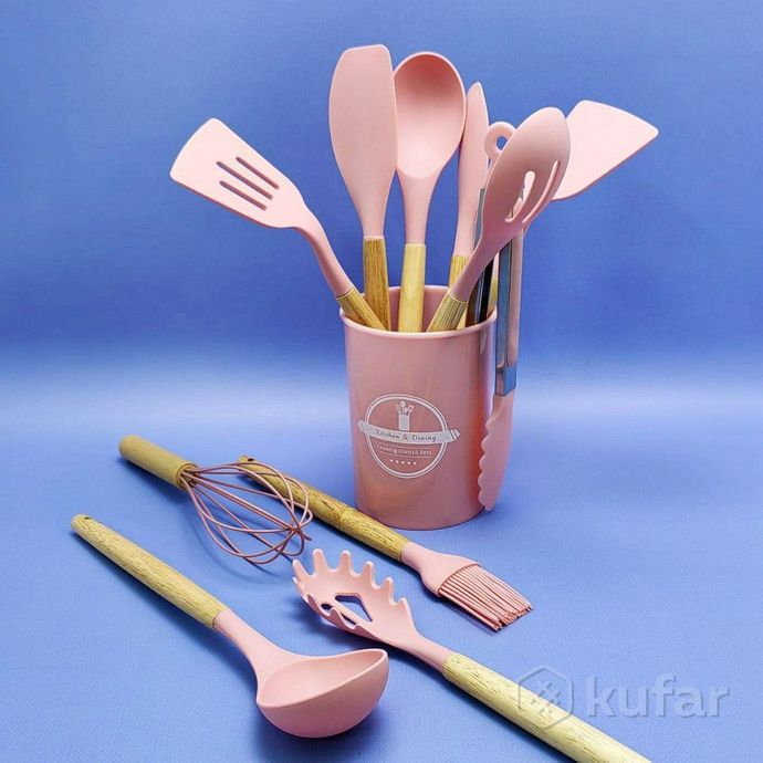 фото набор кухонных принадлежностей с подставкой и деревянной ручкой 12 предметов utensils set / подарочн 2