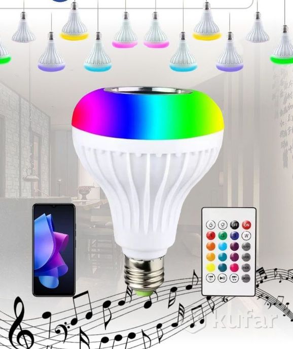 фото музыкальная мульти rgb лампа колонка led music bulb с пультом управления / умная bluetooth лампочка  3