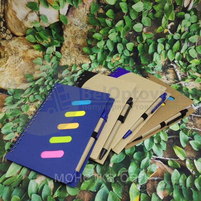 фото набор канцелярский волна: блокнот на спирали с ручкой, eco (a5, 70 листов) фиолетовый / дерево 8