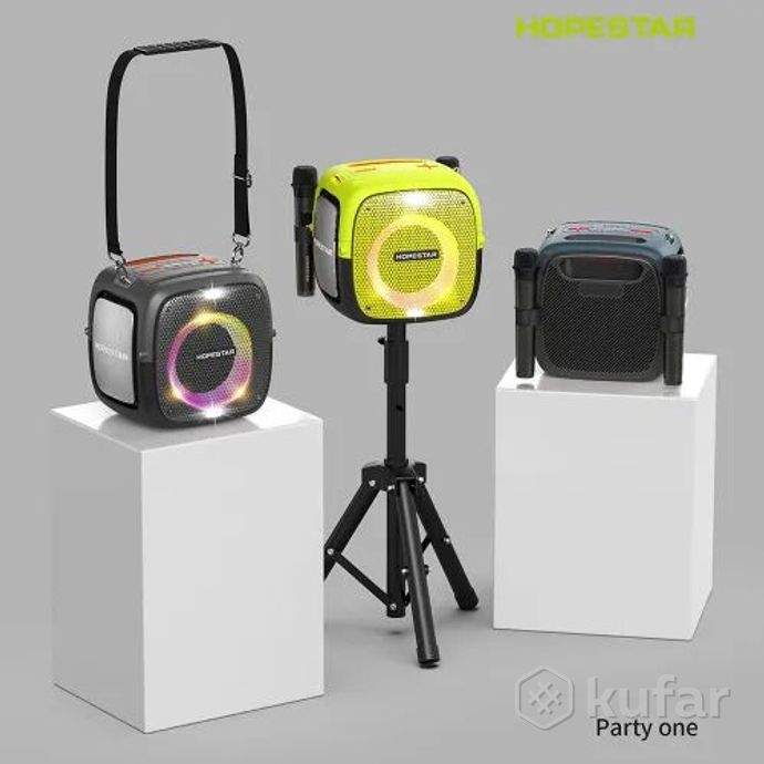 фото портативная bluetooth колонка hopestar party one 80 вт, с двумя беспроводными микрофонами 5