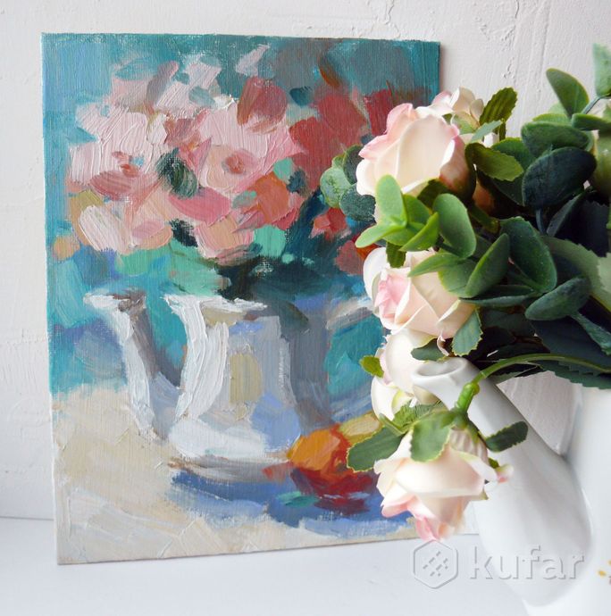 фото картина маслом 15х20 см. цветы розы ваза подарок 0