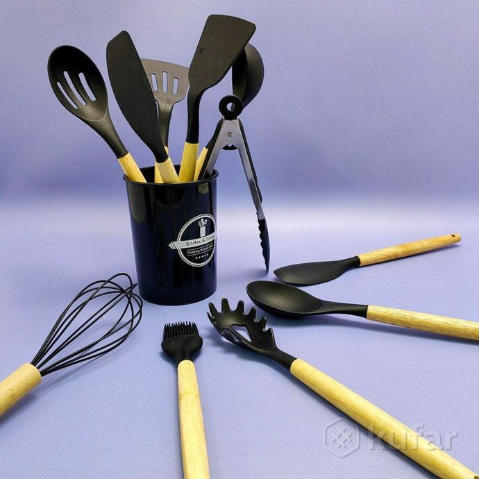 фото набор кухонных принадлежностей с подставкой и деревянной ручкой 12 предметов utensils set / подарочн 3