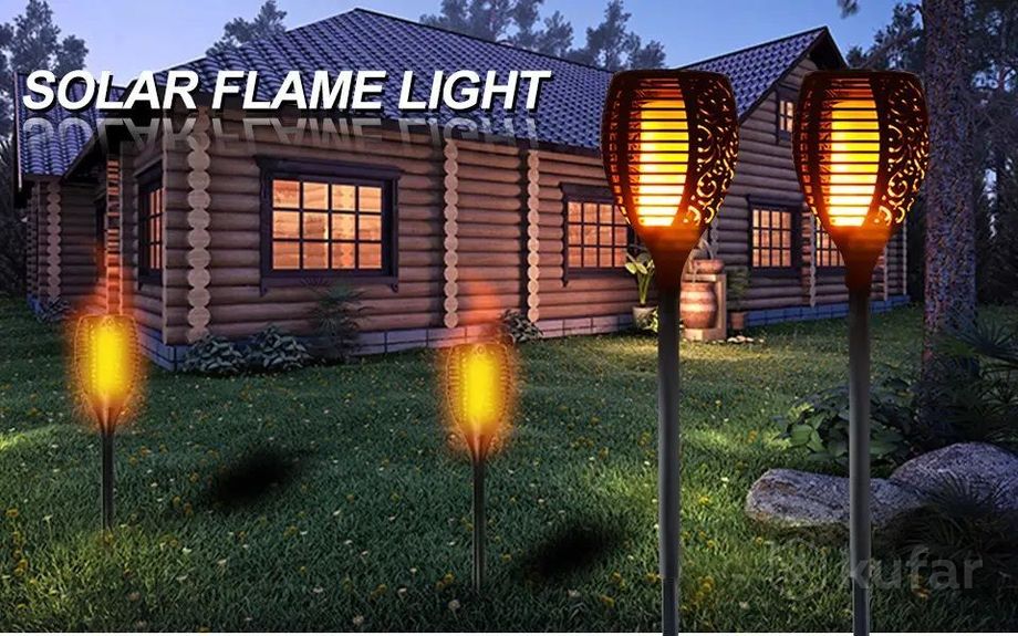 фото уличный светильник 79см с солнечной панелью и эффектом пламени фонарик садовый факел xf 6006 11
