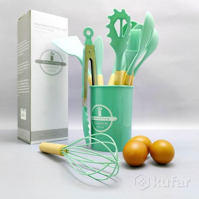 фото набор кухонных принадлежностей с подставкой и деревянной ручкой 12 предметов utensils set / подарочн 5