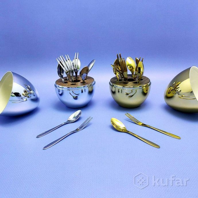 фото набор столовых приборов в яйце - подставке miniegg 12 предметов серебро 6