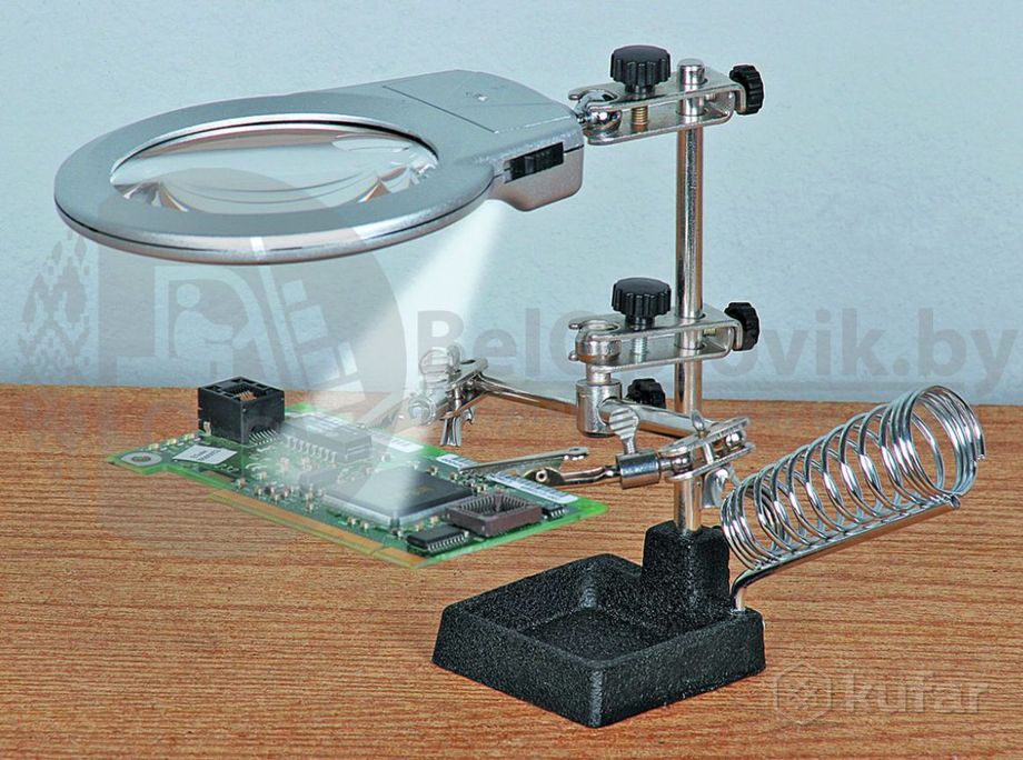 фото настольная лупа-лампа led для паяния микросхем третья рука mg16129-a с двумя лупами 90х2.5мм (21мм6х 5