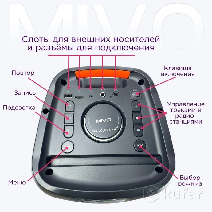 фото мощная беспроводная караоке bluetooth колонка mivo md-650 с блютуз микрофоном и пультом ду 1