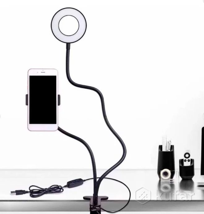 фото кольцевая лампа для селфи с гибким держателем для телефона на прищепке 0