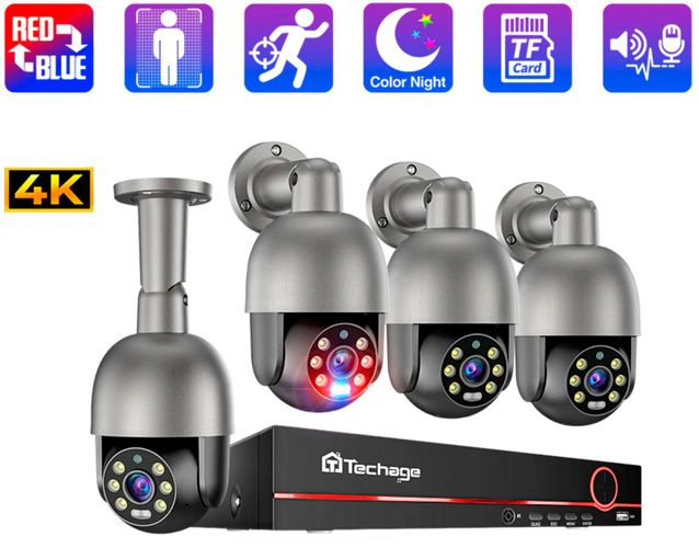 Комплект видеонаблюдения Techage 4 камеры 8 мП PTZ поворотные, POE