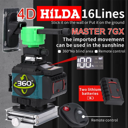 4D Лазерный уровень Hilda Master 7GX самонивелир 16 зелёных лучей лазер нивелир 