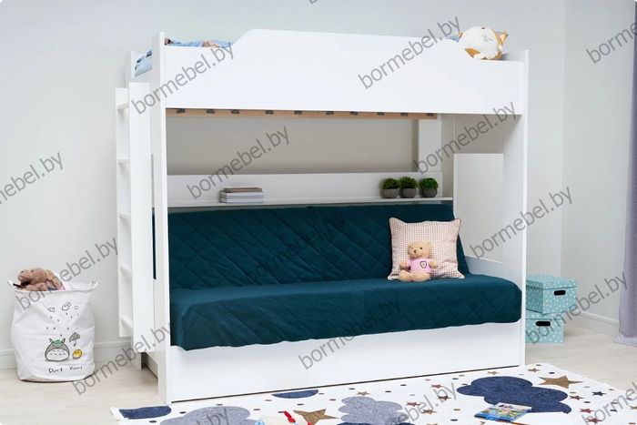 Кровать двухъярусная с диван-кроватью ткань Velutto 26 новая белая