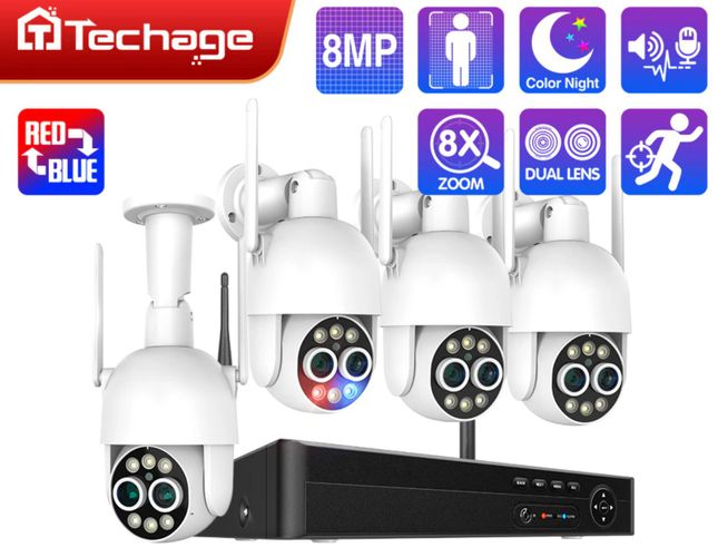 Комплект видеонаблюдения Techage 4 камеры 8 мП PTZ WiFI 2 линзы